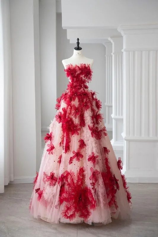 Bonnyshow Sexy Ball Gown Strapless Red Tulle Floral Long Evening Gowns Prom Dresses SD1829 Bonnyshow Sexy Ball Gown Strapless Red Tulle Floral Long Evening Gowns Prom Dresses SD1829