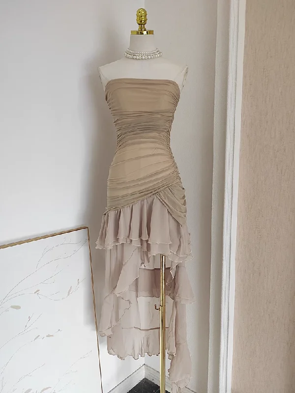 Bonnyshow Sexy High Low Strapless Champagne Chiffon Ruffles Vacation Dress Women Dresses SD141 Bonnyshow Sexy High Low Strapless Champagne Chiffon Ruffles Vacation Dress Women Dresses SD141