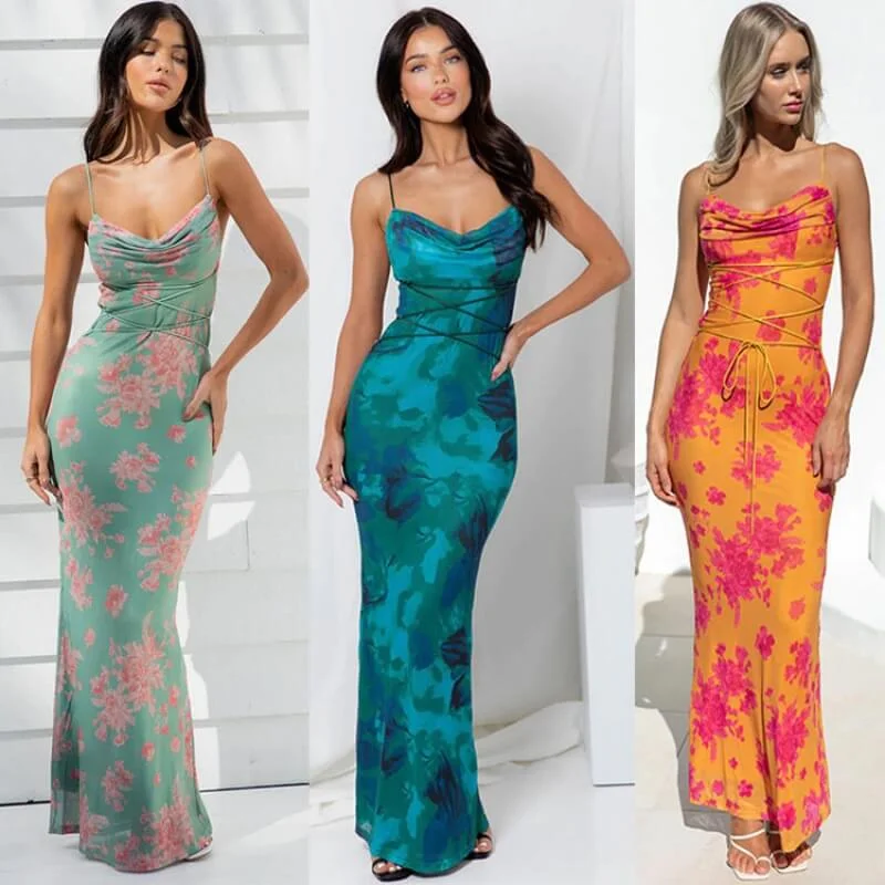 Lace-up Slim Printed Halter Dress