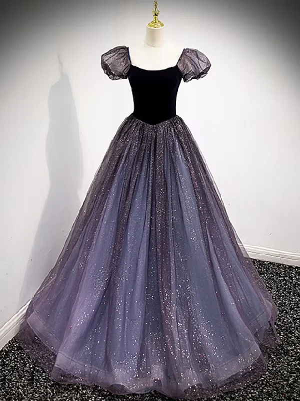 Ball Gown Prom Dresses Cute Dress Engagement Floor Length Short Sleeve Square Neck Tulle with Sequin Splicing Ball Gown Prom Dresses Cute Dress Engagement Floor Length Short Sleeve Square Neck Tulle with Sequin Splicing