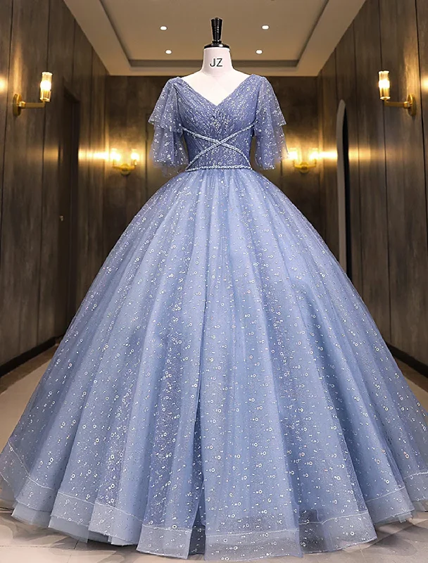 Ball Gown Quinceanera Dresses Princess Dress Performance Floor Length Short Sleeve V Neck Polyester with Sequin Ball Gown Quinceanera Dresses Princess Dress Performance Floor Length Short Sleeve V Neck Polyester with Sequin