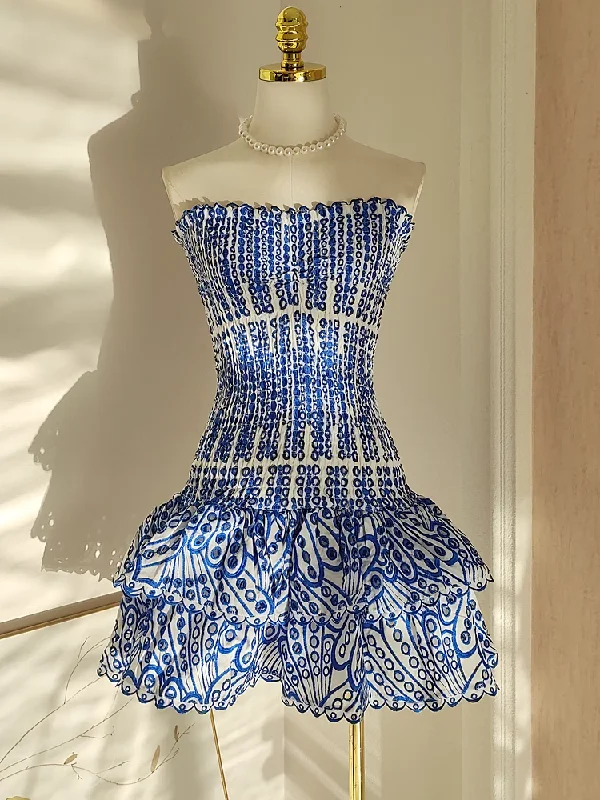 Bonnyshow Cute Sheath Strapless Royal Blue Lace Vacation Dress Short Birthday Dresses SD121
