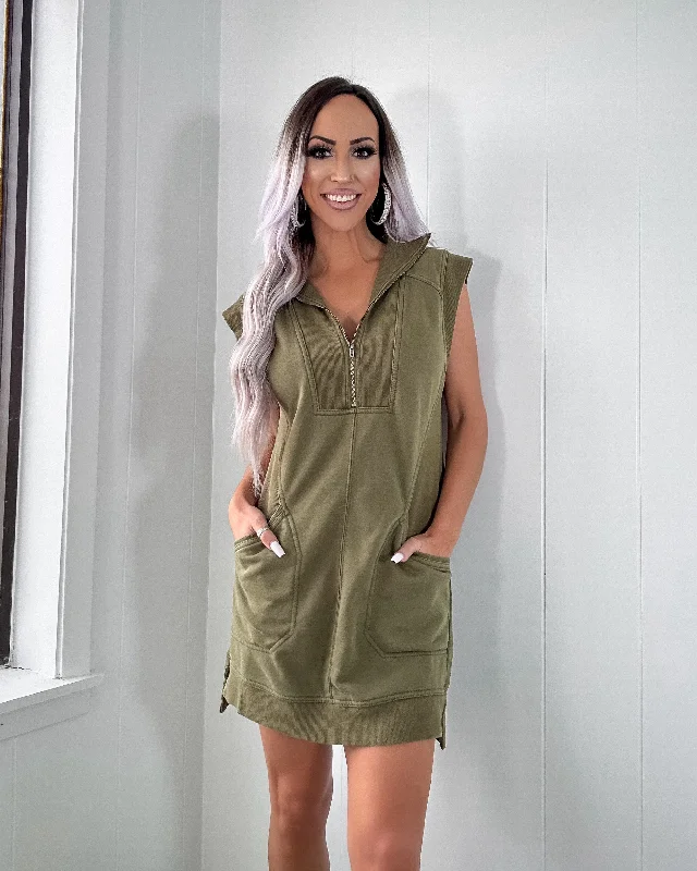 Sporty Luxe Half Zip Dress - Olive