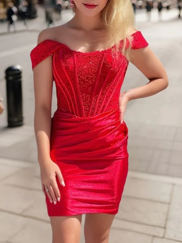 Sheath/Column Off-the-Shoulder Sleeveless Short/Mini Party Dance Cocktail Homecoming Dress With Appliques & Pleats Sheath/Column Off-the-Shoulder Sleeveless Short/Mini Party Dance Cocktail Homecoming Dress With Appliques & Pleats
