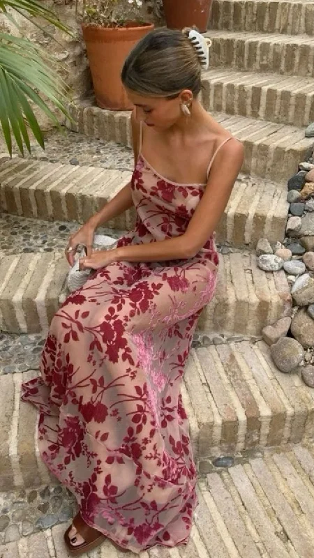 Bonnyshow Sexy A Line Spaghetti Straps Floor Length Floral Evening Dress Prom Dresses SD1719