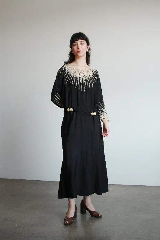 1920s Black Rayon Embellished Drop Waist Dress