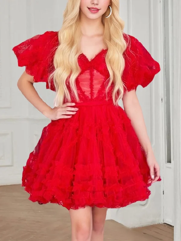 A-Line/Princess Off-the-Shoulder Short Puffy Sleeves Short/Mini Party Dance Cocktail Homecoming Dress With Ruffles, Pleats & Sash A-Line/Princess Off-the-Shoulder Short Puffy Sleeves Short/Mini Party Dance Cocktail Homecoming Dress With Ruffles, Pleats & Sash