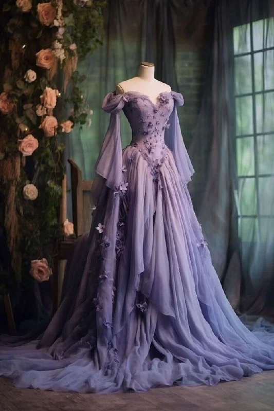 Bonnyshow Retro Ball Gown Off The Shoulder Lilac Tulle Flowers Evening Dress Prom Dresses SD1739 Bonnyshow Retro Ball Gown Off The Shoulder Lilac Tulle Flowers Evening Dress Prom Dresses SD1739