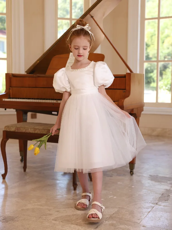 Ball-Gown Satin Tulle Scoop Short Sleeves Tea-Length Flower Girl Dresses With Bowknot Ball-Gown Satin Tulle Scoop Short Sleeves Tea-Length Flower Girl Dresses With Bowknot