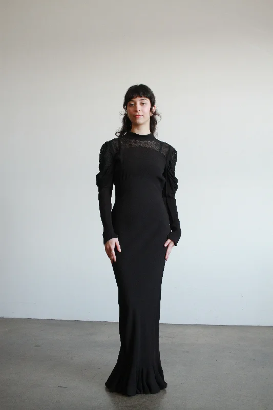 1930s Inky Crepe Rayon Lace Paneled Bias Dress