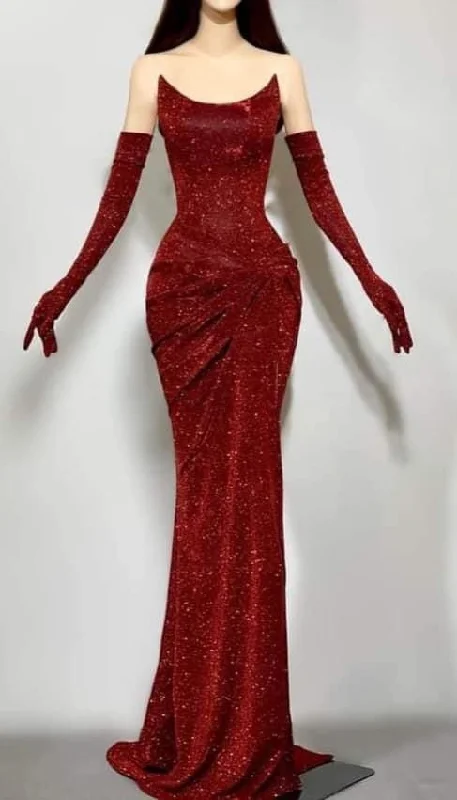 Bonnyshow Sexy Mermaid Strapless Burgundy Sequin Long Prom Dresses Evening Gowns With Gloves SD1811