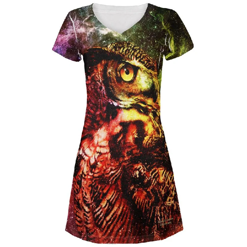 Galaxy Zen Wisdom Owl All Over Juniors V-Neck Dress