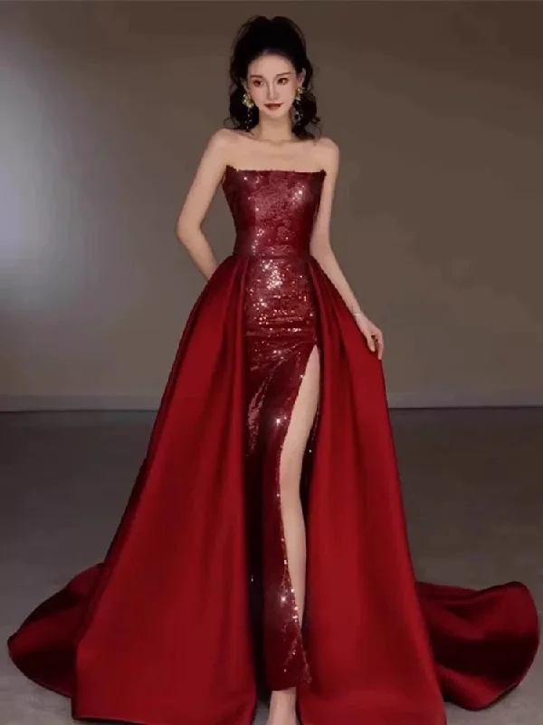 Bonnyshow Modest Mermaid Strapless Burgundy Floor Length Evening Dress Sequin Prom Dresses S3801 Bonnyshow Modest Mermaid Strapless Burgundy Floor Length Evening Dress Sequin Prom Dresses S3801