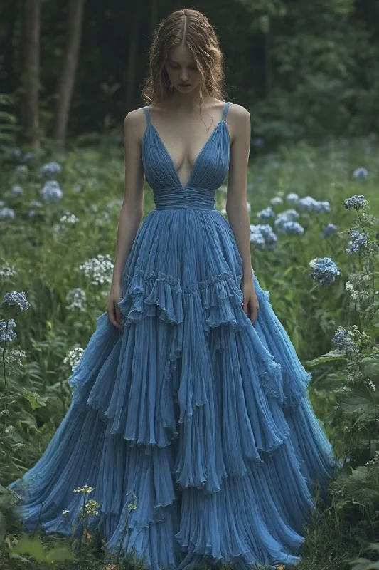 Bonnyshow Retro Ball Gown Spaghetti Straps Blue Chiffon Long Evening Dress Prom Dresses SD1744 Bonnyshow Retro Ball Gown Spaghetti Straps Blue Chiffon Long Evening Dress Prom Dresses SD1744