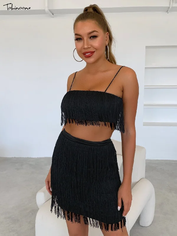 2 Piece Summer Tassel Elegant Club Party Off Shoulder Tassel Embellished Mini Fringe Dress