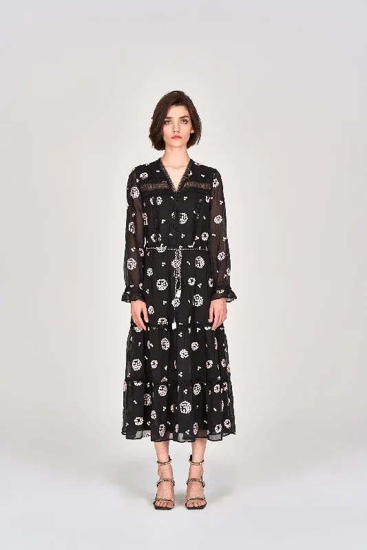 Black Embroidered Tie-waist Dress Tunics Chic elegant