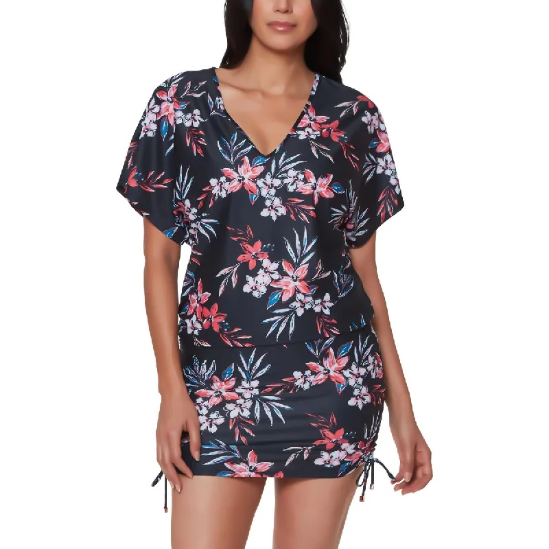 Bar III Womens Tropical Escape Floral Print Dress Cover-Up Crew Neckline Sporty