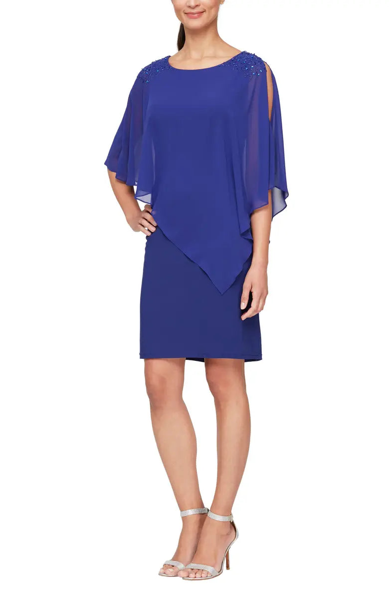 Cape Quarter Sleeve Short Dress Cowl Neckline Elegant