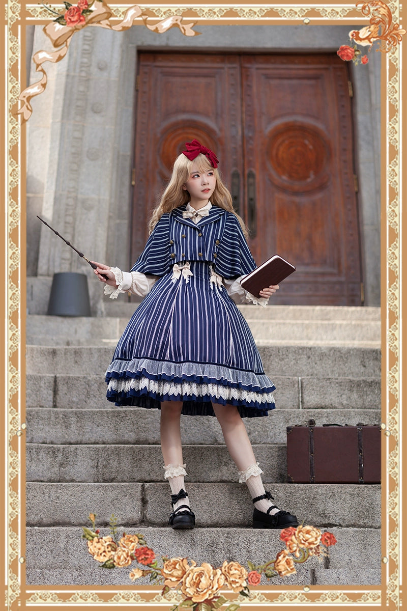 (Buy for me) Infanta~Elegant Lolita Stripe High-waist Jumper Dress Set and Cape Tunics Floral girly (Buy for me) Infanta~Elegant Lolita Stripe High-waist Jumper Dress Set and Cape Tunics Floral girly