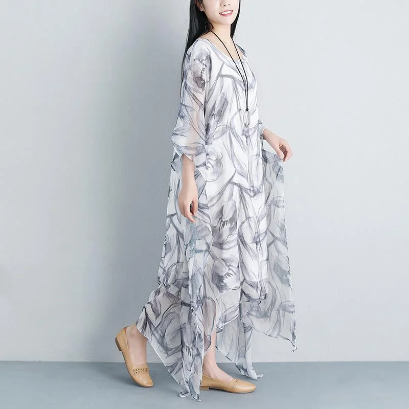 Summer Loose Casual Fake Two-piece Half Sleeve Gray Long Dress Tunics Summer linen