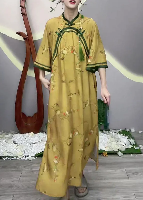 Chinese Style Yellow Button Print Cotton Long Dress Half Sleeve Boat Neckline Classic