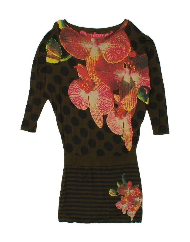 DESIGUAL Womens 3/4 Sleeve Drop Waist Dress UK 10 Small Khaki Floral Pencil Office Professional DESIGUAL Womens 3/4 Sleeve Drop Waist Dress UK 10 Small Khaki Floral Pencil Office Professional