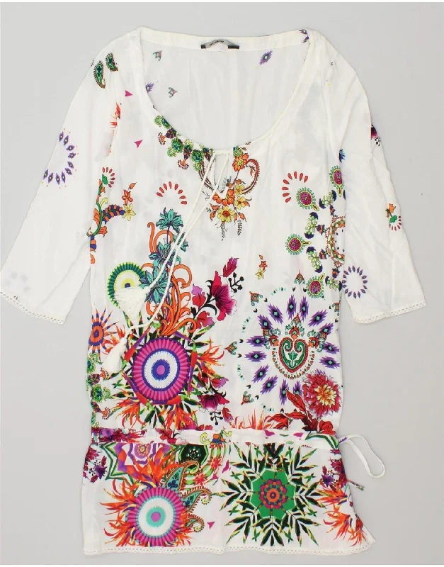 DESIGUAL Womens 3/4 Sleeve Drop Waist Dress UK 10 Small White Floral Tunics Summer linen DESIGUAL Womens 3/4 Sleeve Drop Waist Dress UK 10 Small White Floral Tunics Summer linen