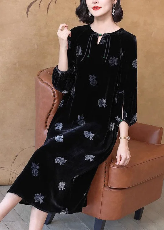 French Black Button Print Silk Velour Long Dresses Spring Cowl Neckline Elegant