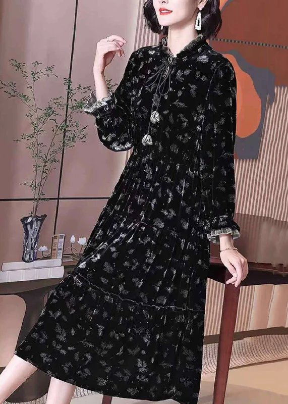 French Black Ruffled Lace Up Print Silk Velour Long Dress Spring Square Neckline Feminine