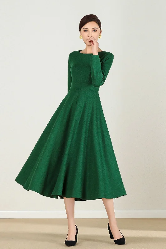 Green Wool Fit & Flare Long Dress Women 2436 Tunics stripes playful