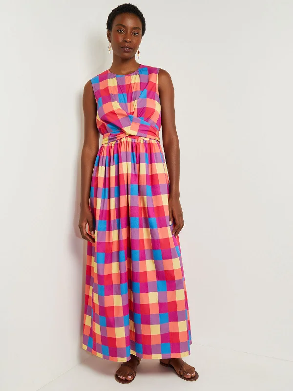 Maxi Tie Waist Dress - Plaid Cotton Blend Tunics Sophisticated sleek