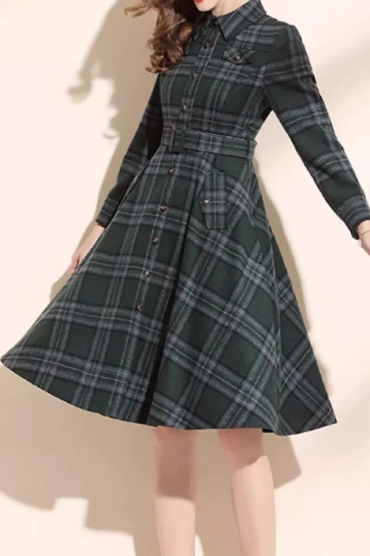 Plaid winter wool dress with tie belt waist 4802 Tunics Velvet soft