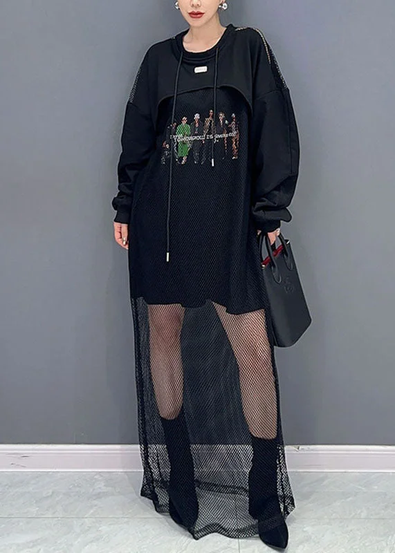 Style Black O-Neck Print Tulle Patchwork Fake Two Pieces Long Dresses Fall Floral Print girly Style Black O-Neck Print Tulle Patchwork Fake Two Pieces Long Dresses Fall Floral Print girly