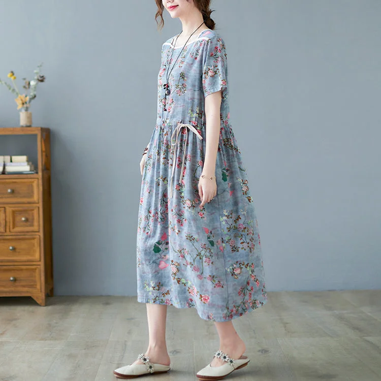 Style Blue Square Collar Cinched Cotton Long Dresses Short Sleeve Halter Neckline Beach Style Blue Square Collar Cinched Cotton Long Dresses Short Sleeve Halter Neckline Beach
