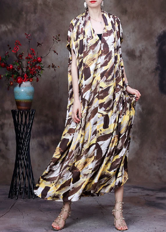 Style Coffee Yellow V Neck Camouflage Print Silk Holiday Long Dress Short Sleeve empire Waist empire Style Coffee Yellow V Neck Camouflage Print Silk Holiday Long Dress Short Sleeve empire Waist empire