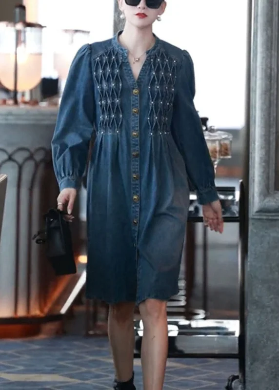 Style Denim Blue V Neck Patchwork Nail Bead Holiday Long Dress Fall Casual Short Summer Style Denim Blue V Neck Patchwork Nail Bead Holiday Long Dress Fall Casual Short Summer