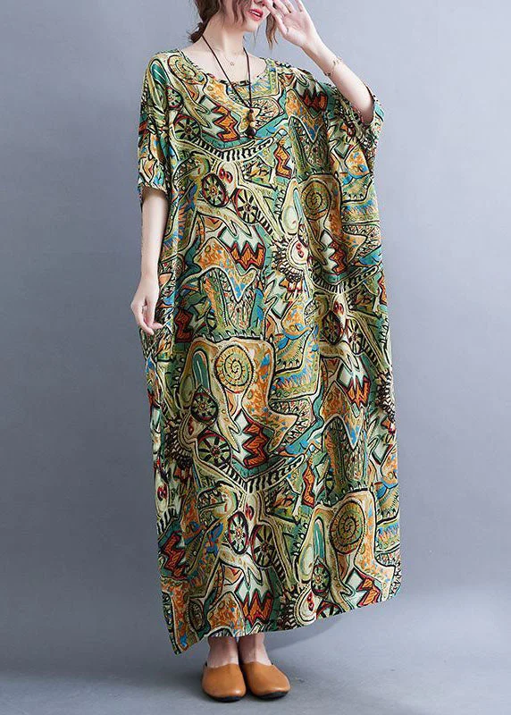 Style Green Oversized Print Cotton Long Dresses Summer Tunics Fashionable chic