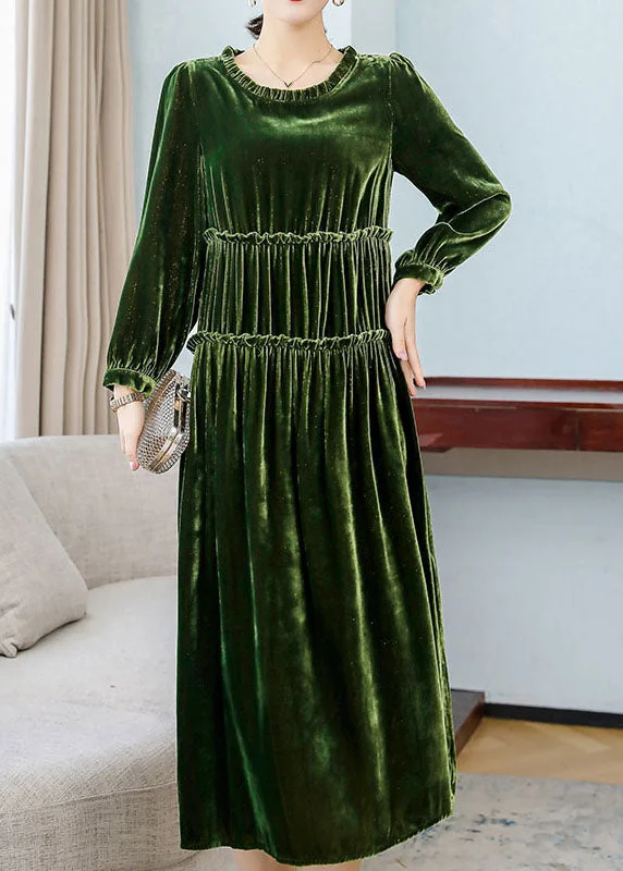 Style Green Ruffled Patchwork Velour Long Dresses Spring Tunics Trendy modern