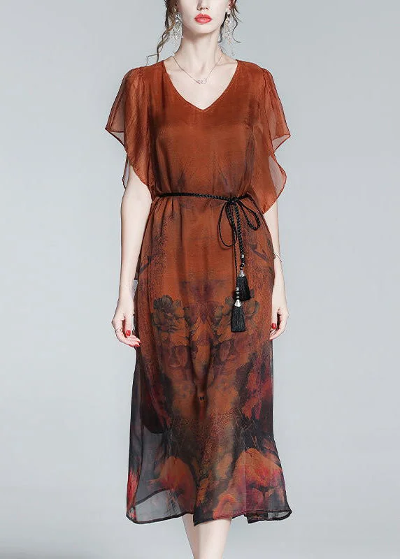 Style Orange O-Neck Print Tie Waist Silk Holiday Long Dress Short Sleeve Tunics Cozy soft Style Orange O-Neck Print Tie Waist Silk Holiday Long Dress Short Sleeve Tunics Cozy soft