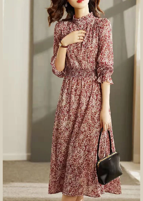 Style Red Stand Collar elastic waist Print Silk Long Dresses flare sleeve Tunics Practical durable Style Red Stand Collar elastic waist Print Silk Long Dresses flare sleeve Tunics Practical durable