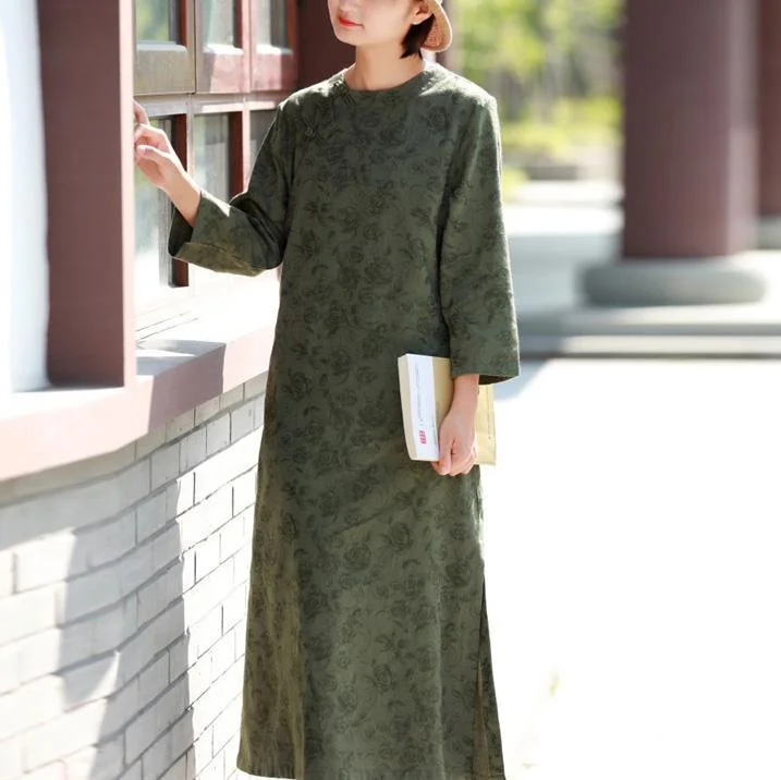 Style side open cotton spring dress Outfits green jacquard long Dresses Tunics Chic elegant Style side open cotton spring dress Outfits green jacquard long Dresses Tunics Chic elegant