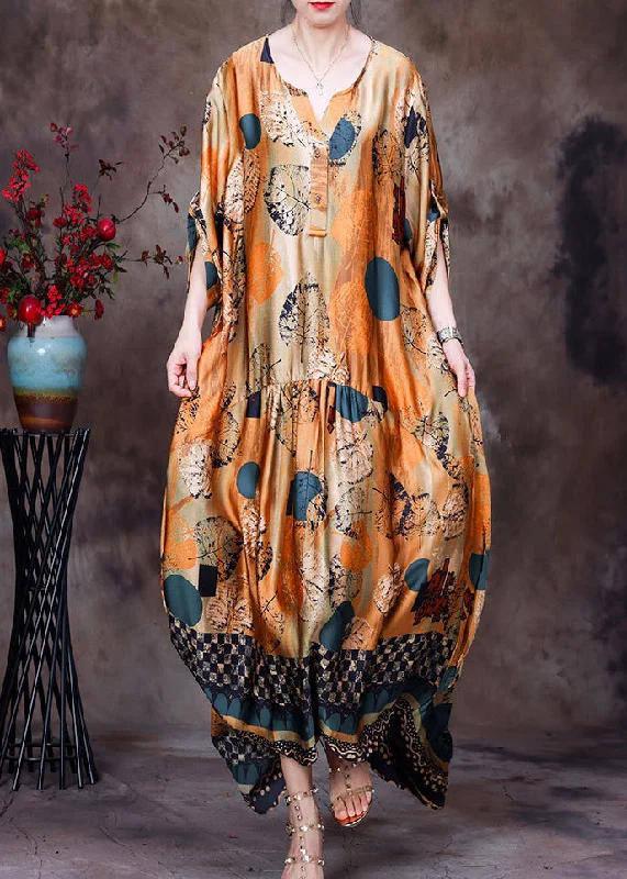 Style Yellow O-Neck Wrinkled Print Silk Women's Long Dress Half Sleeve Tunics Cozy comfortable Style Yellow O-Neck Wrinkled Print Silk Women's Long Dress Half Sleeve Tunics Cozy comfortable