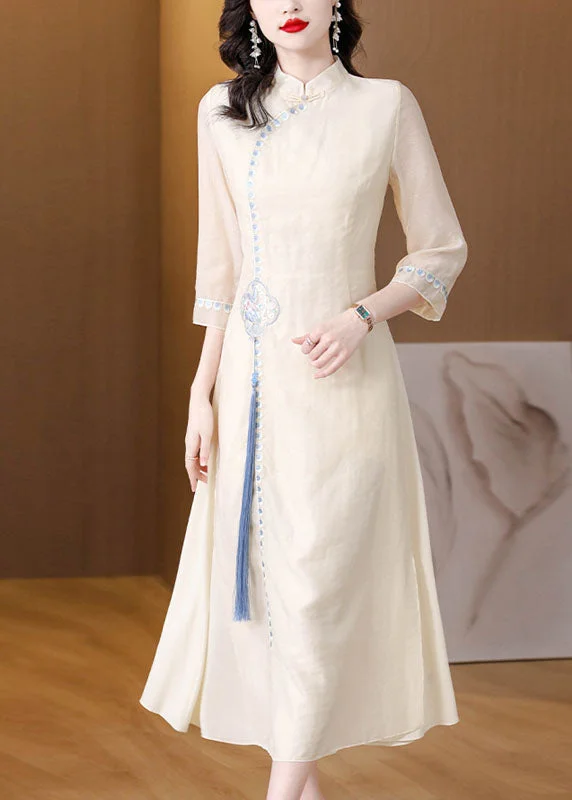 Stylish Apricot Stand Collar Embroideried Tassel Silk Long Dresses Fall Tunics Sophisticated sleek Stylish Apricot Stand Collar Embroideried Tassel Silk Long Dresses Fall Tunics Sophisticated sleek