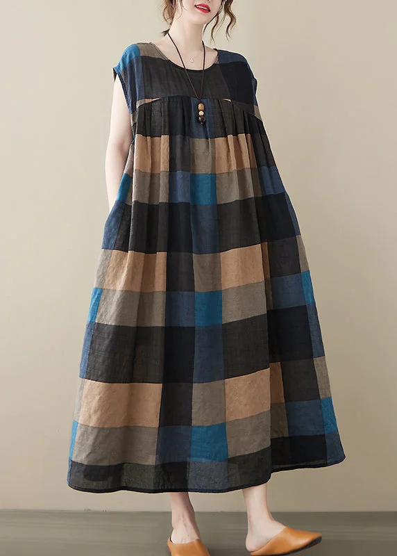 Stylish Black Plaid O-Neck Linen Long Dresses Short Sleeve Tunics Favorite customer