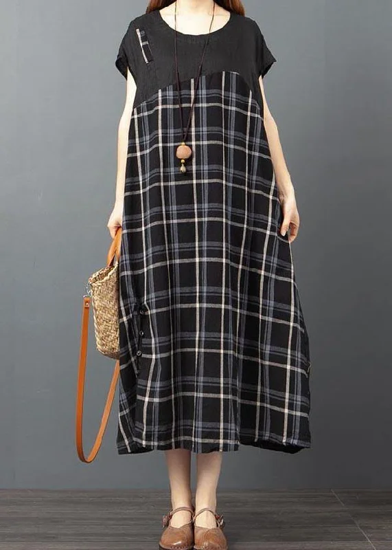 Stylish Black Plaid Patchwork Button Long Dresses Summer Tunics Versatile functional Stylish Black Plaid Patchwork Button Long Dresses Summer Tunics Versatile functional