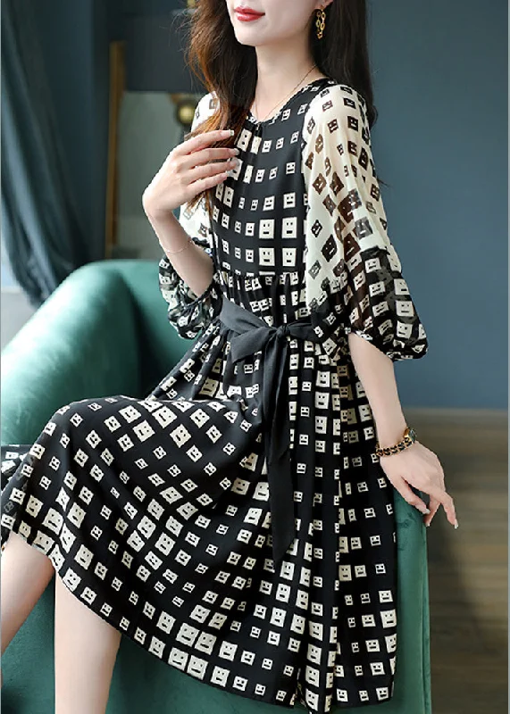 Stylish Black Print Tie Waist Silk Vacation Long Dresses Lantern Sleeve Tunics Bestseller popular Stylish Black Print Tie Waist Silk Vacation Long Dresses Lantern Sleeve Tunics Bestseller popular