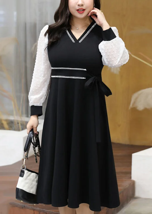 Stylish Black V Neck Lace Up Patchwork Cotton Long Dress Fall Tunics New arrival