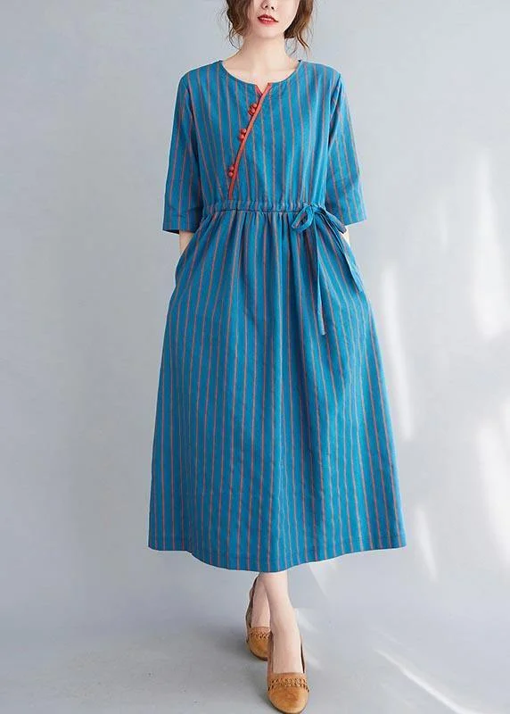 Stylish Blue Striped tie waist Long Summer Cotton Dress Tunics Essential wardrobe