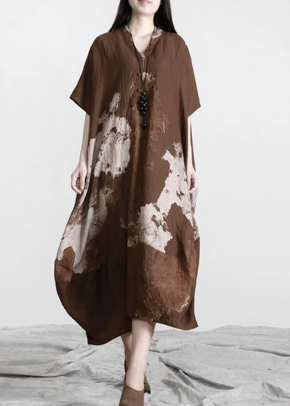 Stylish Brown Print Button Cotton Summer Long Dresses Tunics Versatile stylish