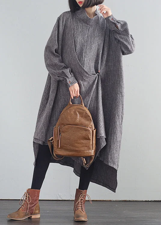 Stylish Dark Gray Turtleneck Asymmetrical Low High Design Cotton Long Dresses Fall Tunics Review highly